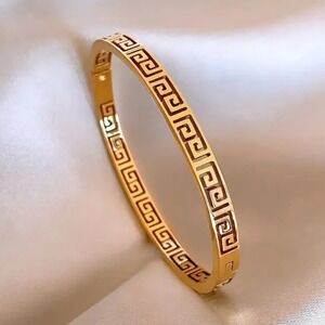 Gold Greek Key Bangle Bracelet Titanium Steel Meander Fretwork Hinged Cuff